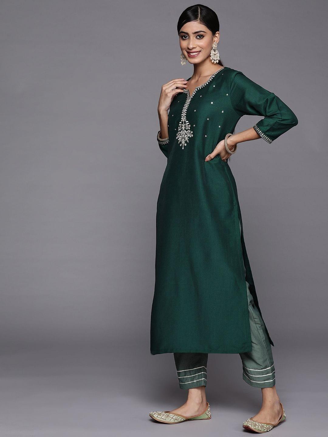 Varanga green embroidered kurta with contrast bottom and dupatta - Indiakreations