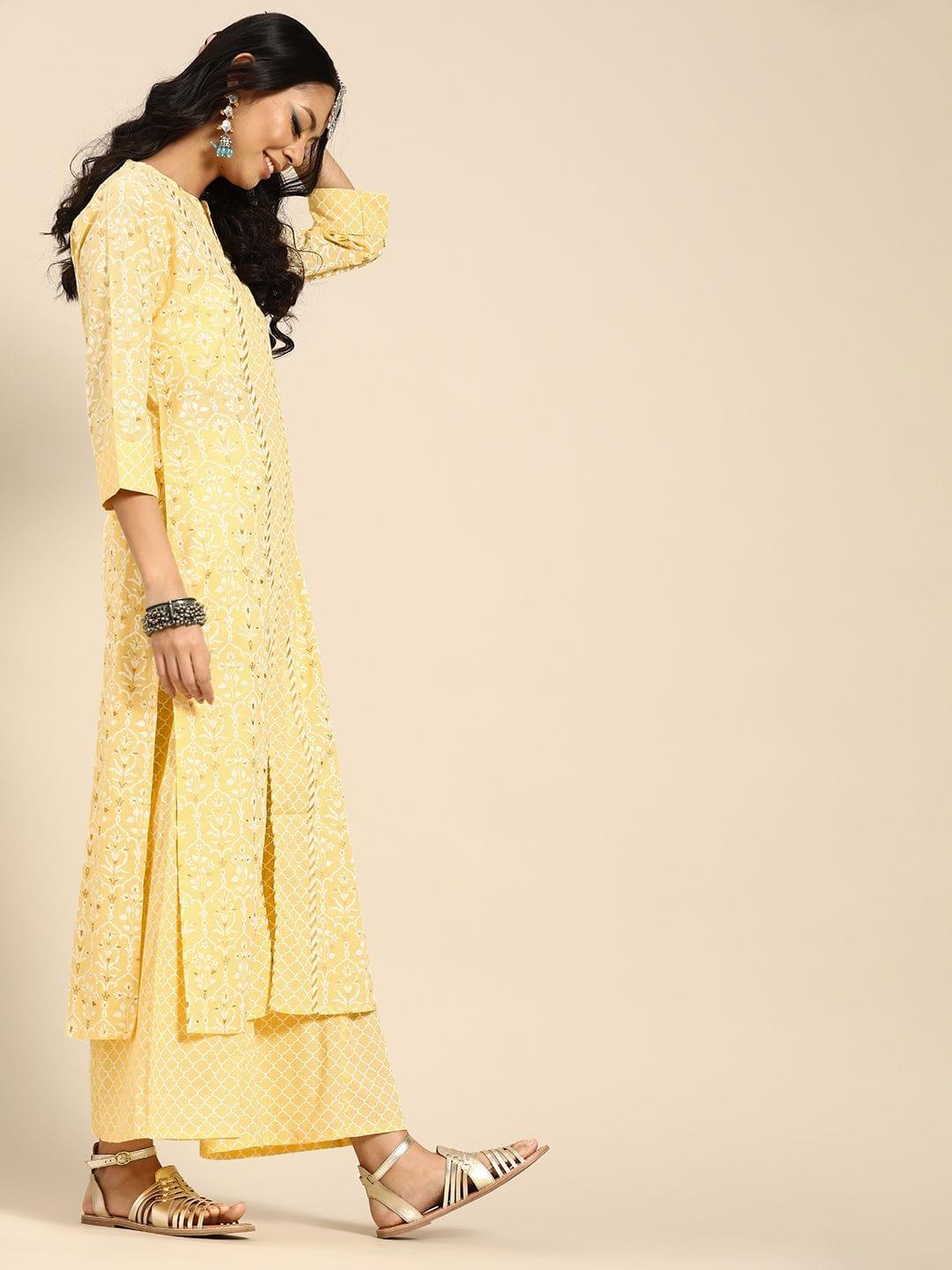 Varanga Women Yellow & White Printed Pure Cotton Kurta with Palazzos - Indiakreations