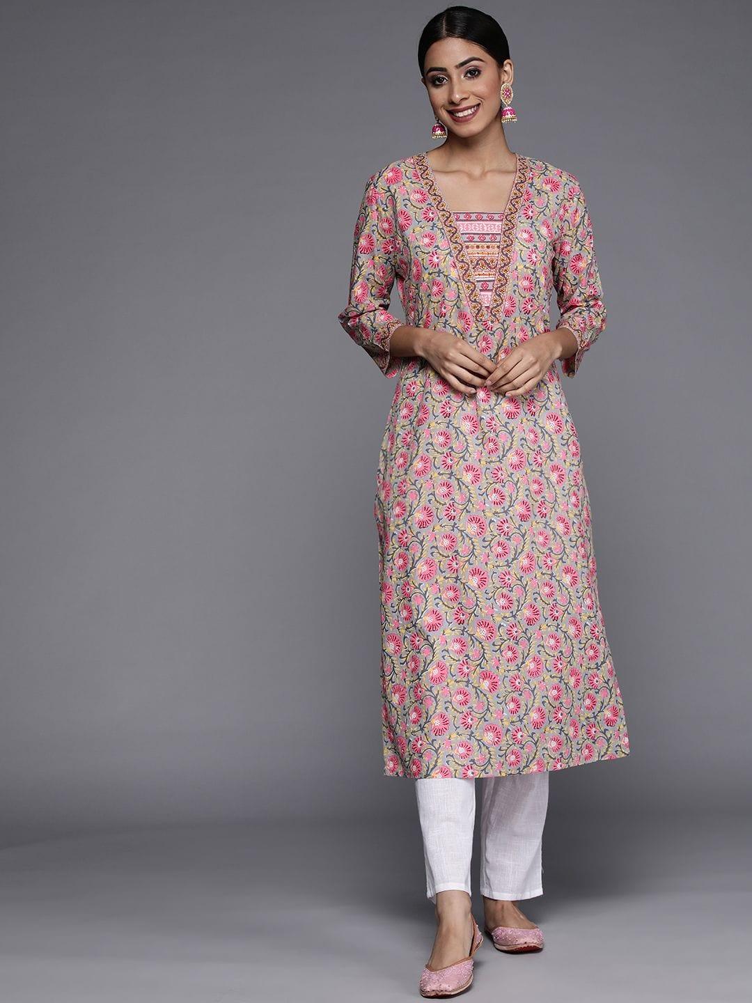 Women Taupe & Pink Cotton Floral Print Kurta - Indiakreations