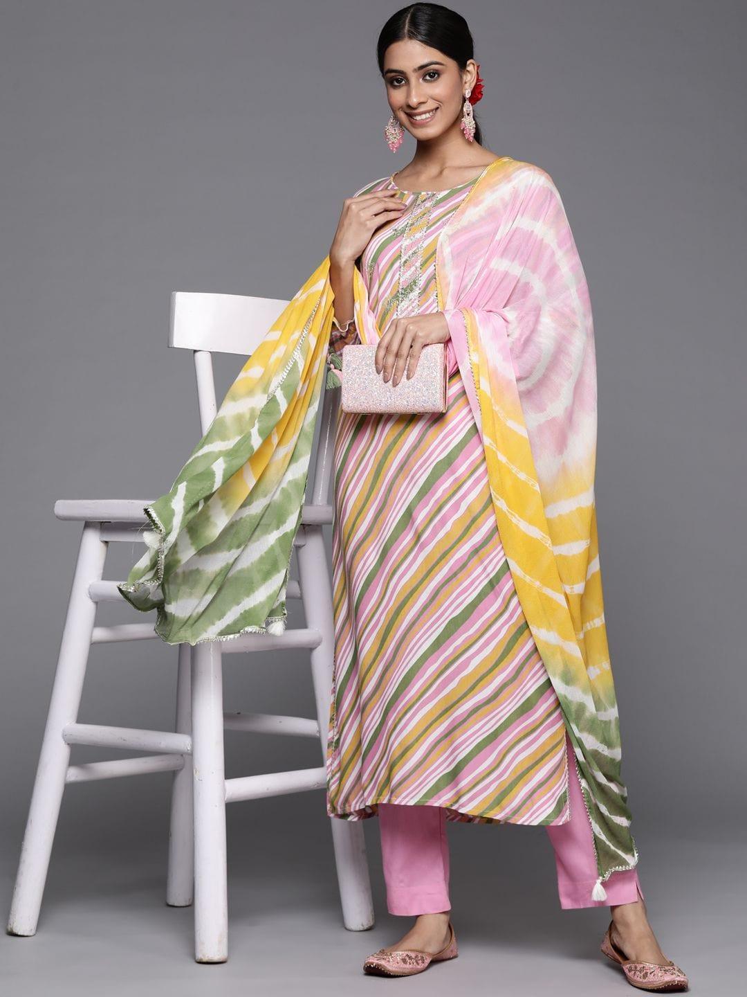 Varanga leheriya printed emboidered kurta paired with plain pink bottom - Indiakreations