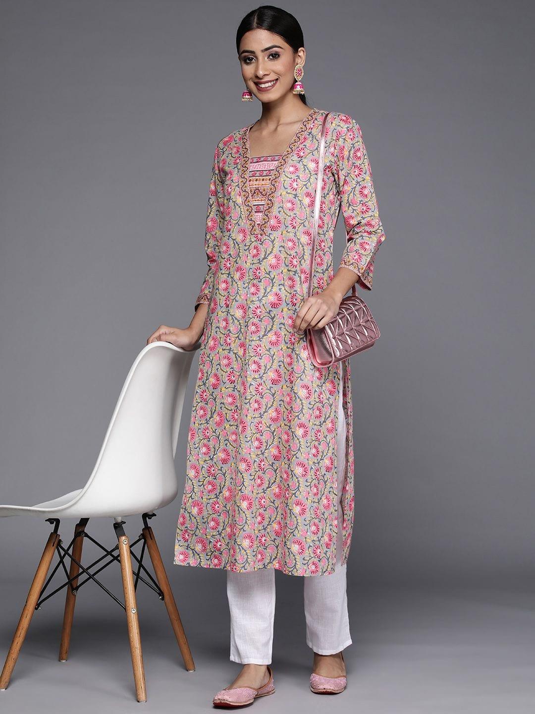 Women Taupe & Pink Cotton Floral Print Kurta - Indiakreations