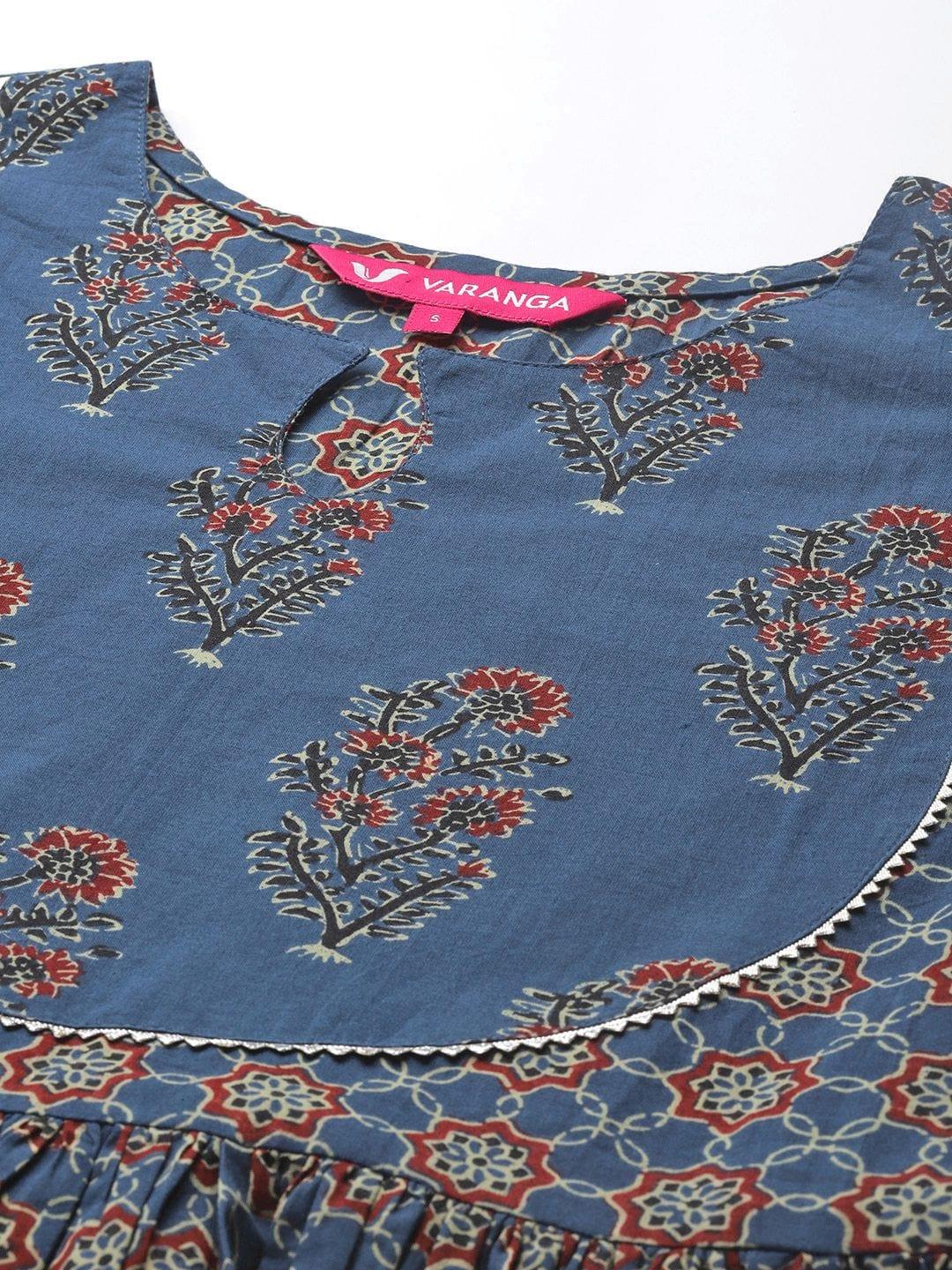 Varanga blue and rust yoke style anarkali paired with printed palazzo and ombre dupatta - Indiakreations