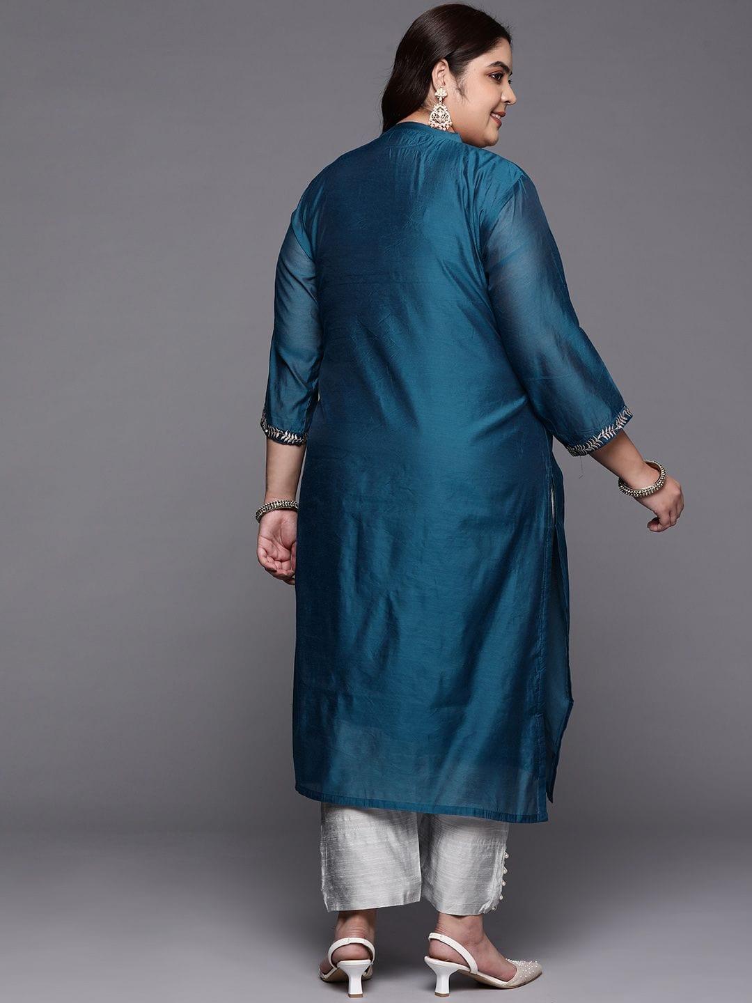 Varanga Women Navy Blue & Grey Embroidered Kurta with Trousers - Indiakreations