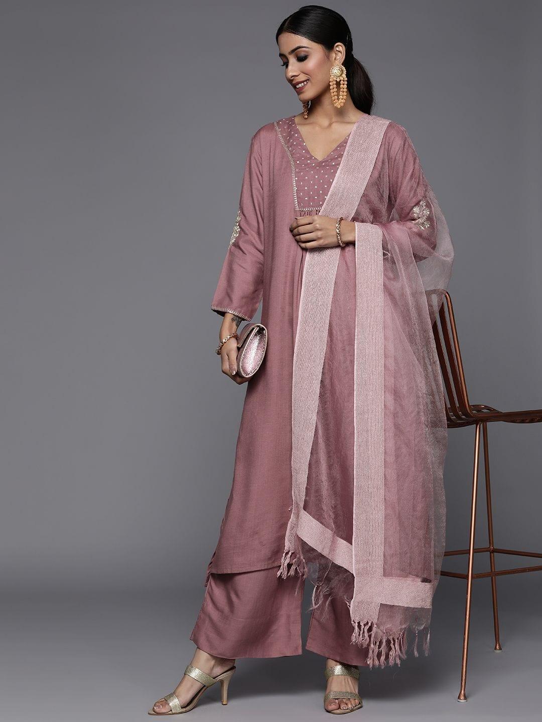 Varanga mauve embroidered A-line kurta with palazzo and dupatta - Indiakreations