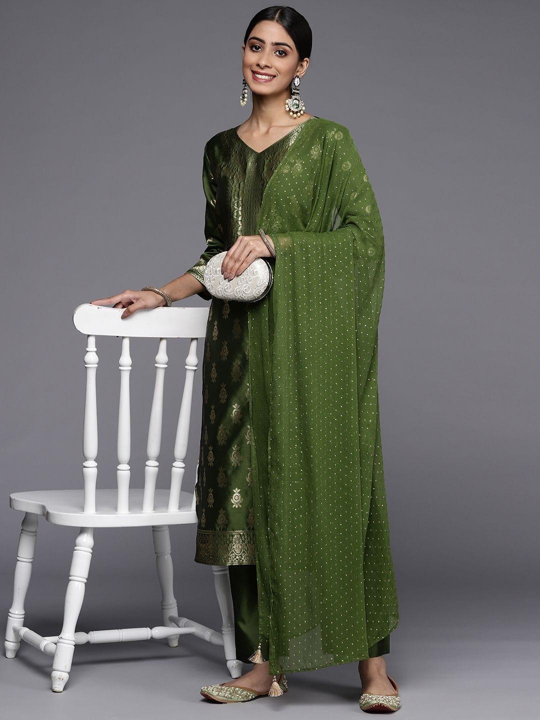 Varanga Women Olive Green Ethnic Motifs Kurta with Trousers & With Dupatta - Indiakreations