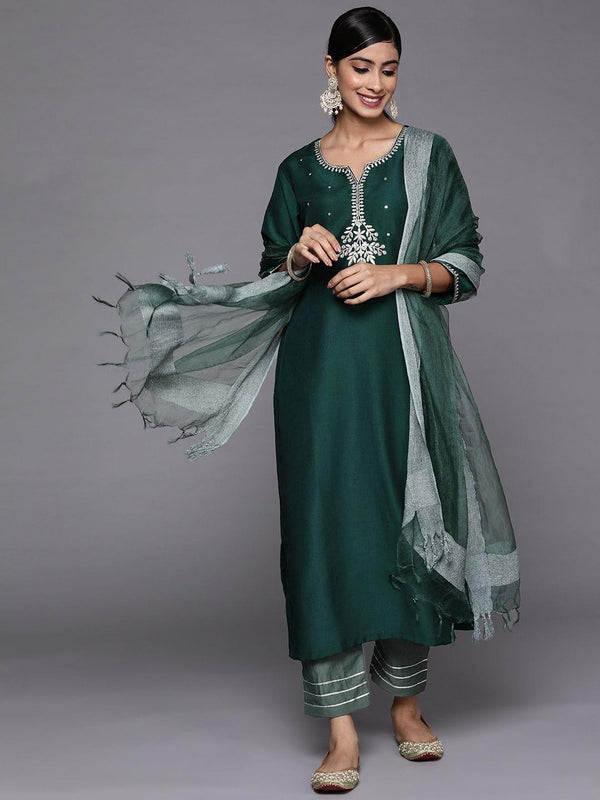 Varanga green embroidered kurta with contrast bottom and dupatta - Indiakreations