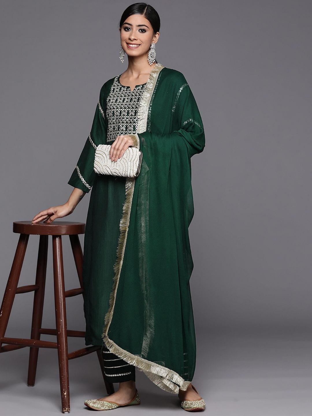 Varanga green embroidered kurta with tonal bottom and tonal chiffon dupatta - Indiakreations