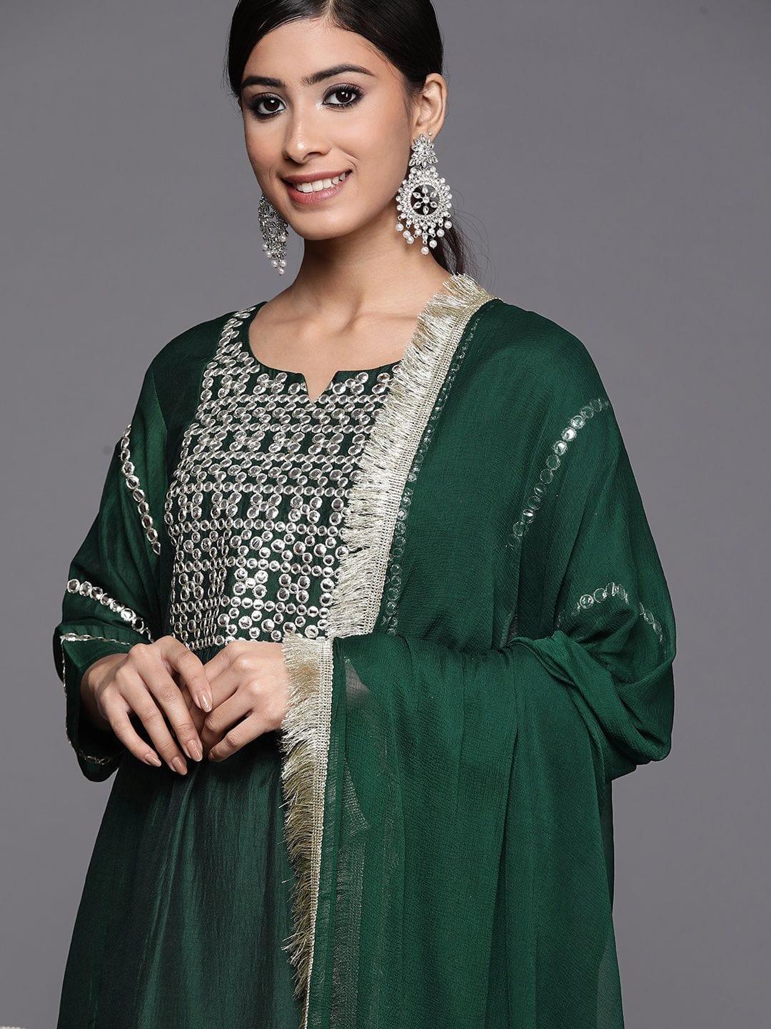 Varanga green embroidered kurta with tonal bottom and tonal chiffon dupatta - Indiakreations