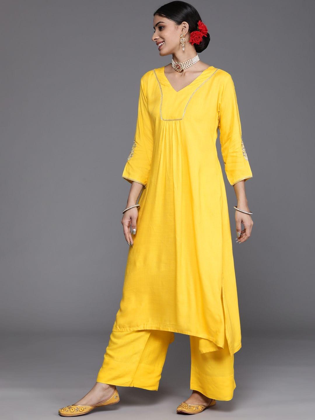 Varanga Women Yellow Solid Kurti with Palazzos & Dupatta - Indiakreations