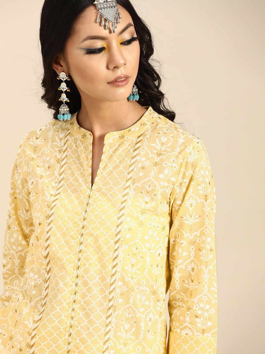 Varanga Women Yellow & White Printed Pure Cotton Kurta with Palazzos - Indiakreations