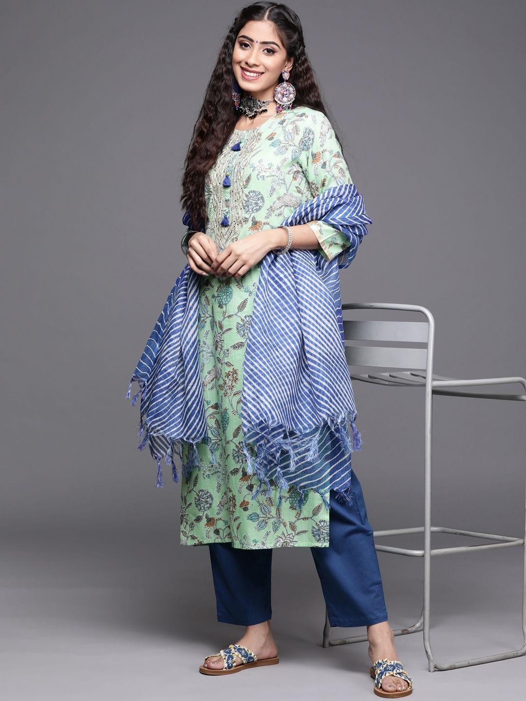 Varanga Women Blue Pure Cotton Floral Printed Sequinned Kurta with Trousers & With Dupatta - Indiakreations