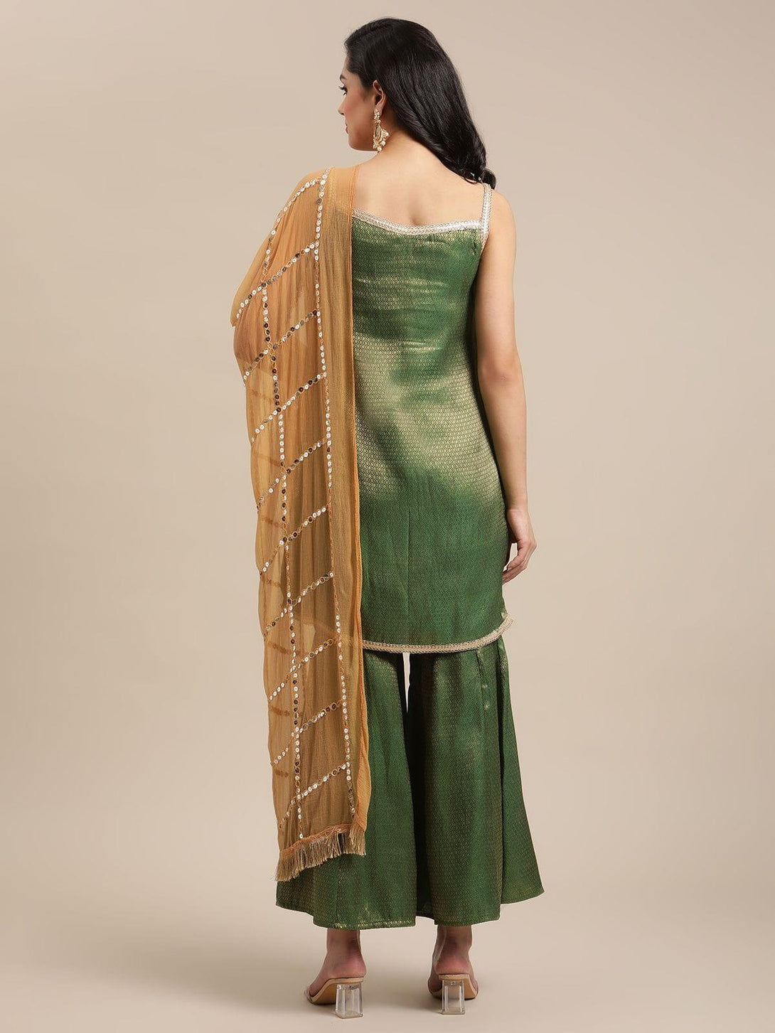 Varanga Green Brocade Kurta With Sharara And Paired With Beige Georgette Dupatta - Indiakreations