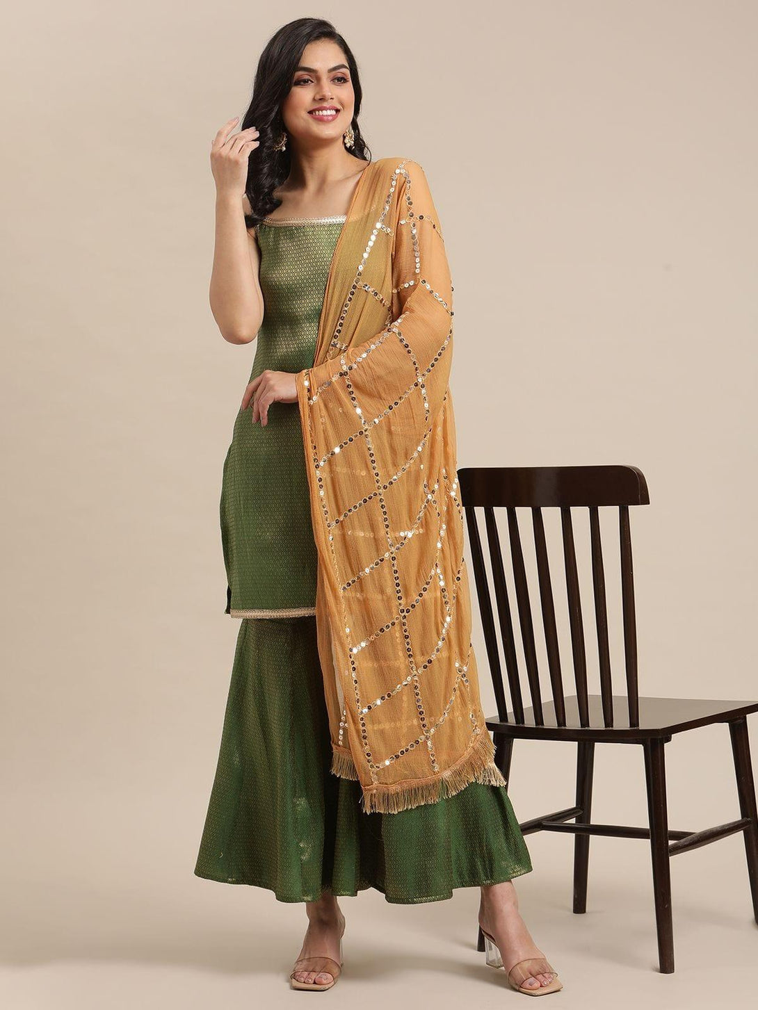 Varanga Green Brocade Kurta With Sharara And Paired With Beige Georgette Dupatta - Indiakreations