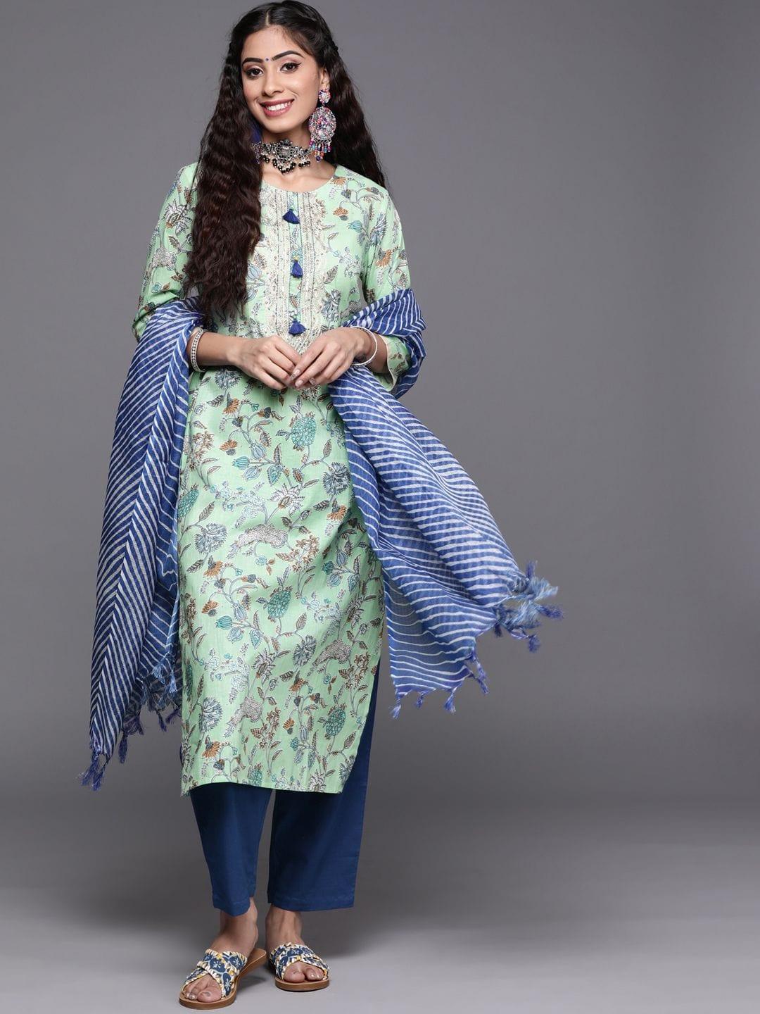 Varanga Women Blue Pure Cotton Floral Printed Sequinned Kurta with Trousers & With Dupatta - Indiakreations