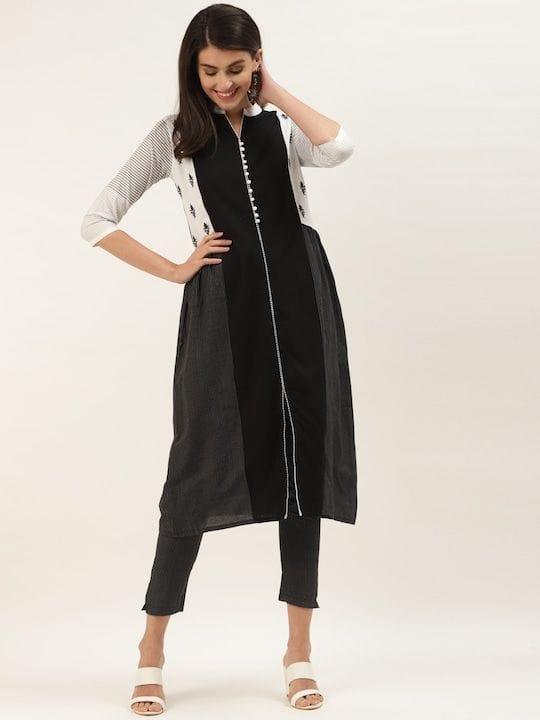 Varanga Women Black & White Striped Kurta with Trousers - Indiakreations