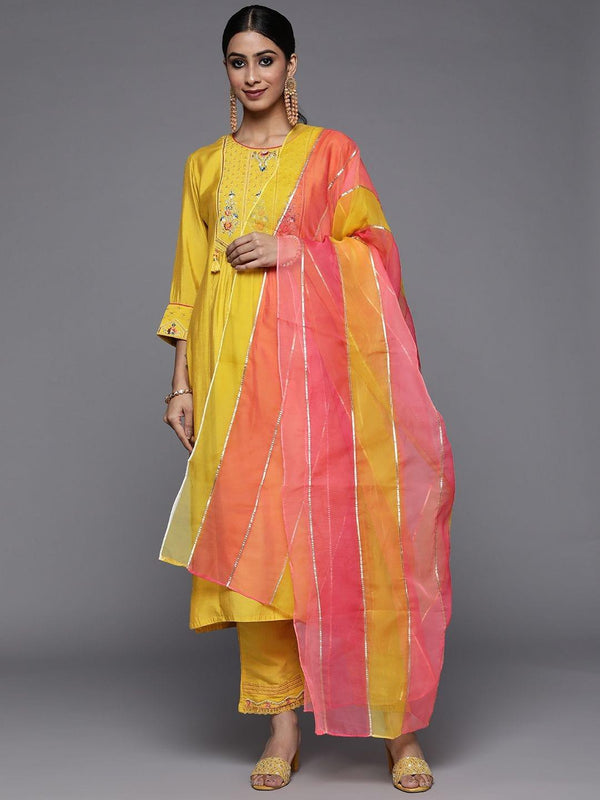 Varanga Yellow Embroidered Kurta Paired With Tonal Straight Bottom And Dupatta - Indiakreations