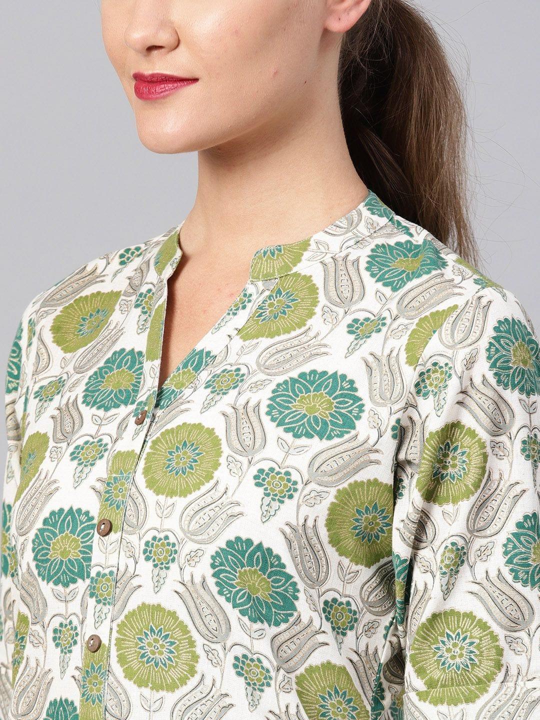 Women Off-White & Green Printed A-Line Kurta - Indiakreations