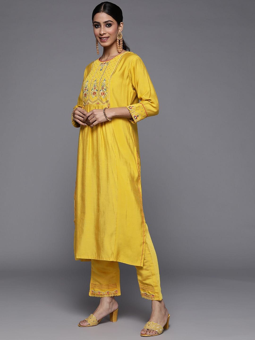 Varanga Yellow Embroidered Kurta Paired With Tonal Straight Bottom And Dupatta - Indiakreations