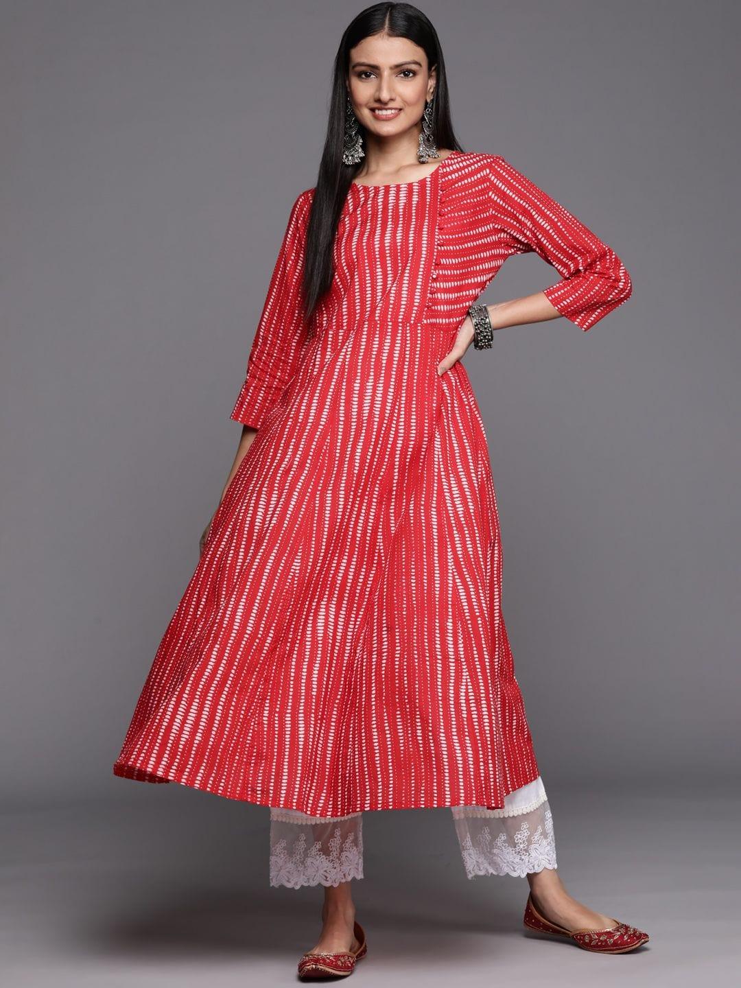 red printed A-line kurta with three quarter sleeves - Indiakreations