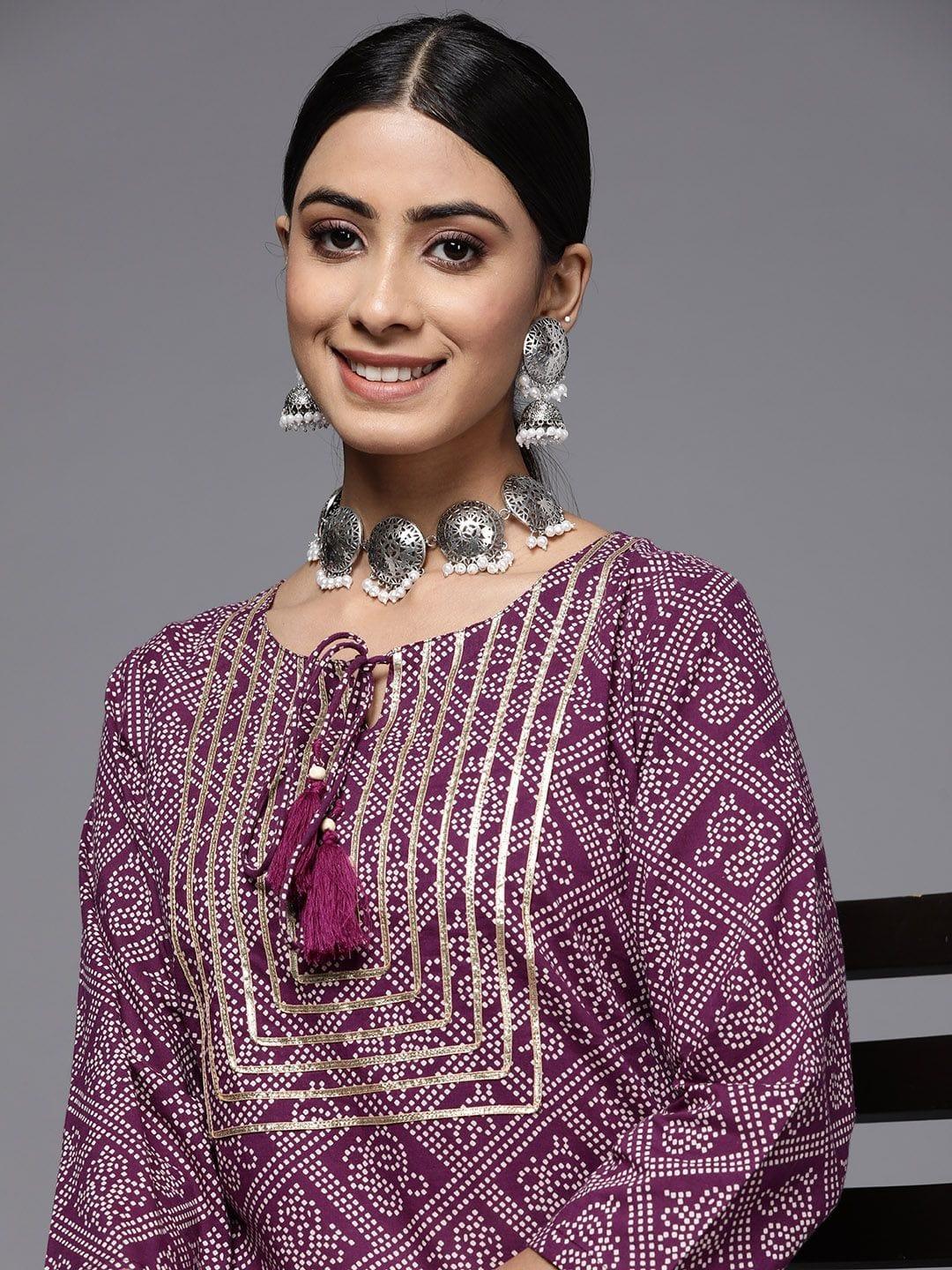 Purple Round Neck Straight Kurta With Lace Detailing On Yoke - Indiakreations