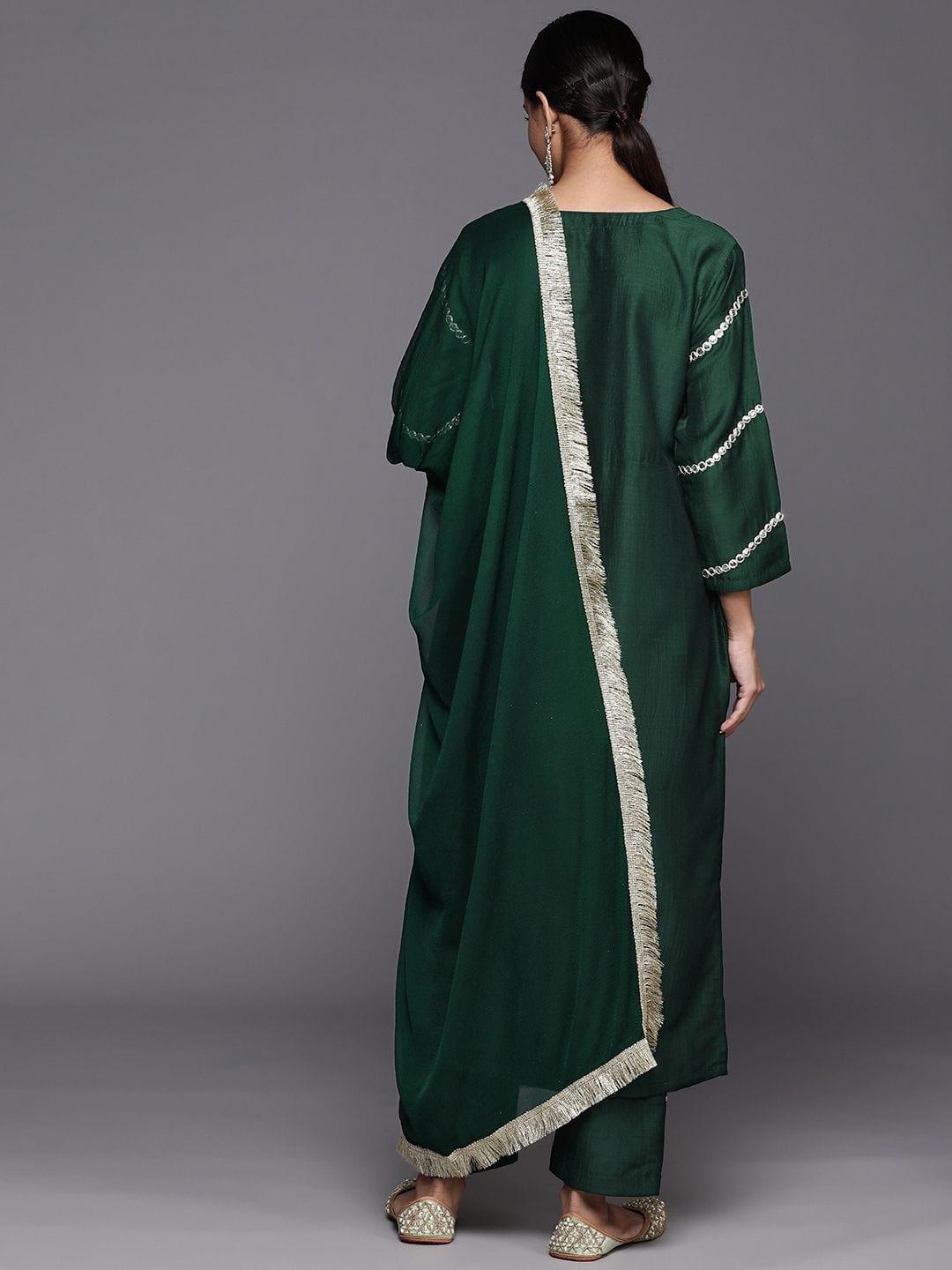 Varanga green embroidered kurta with tonal bottom and tonal chiffon dupatta - Indiakreations