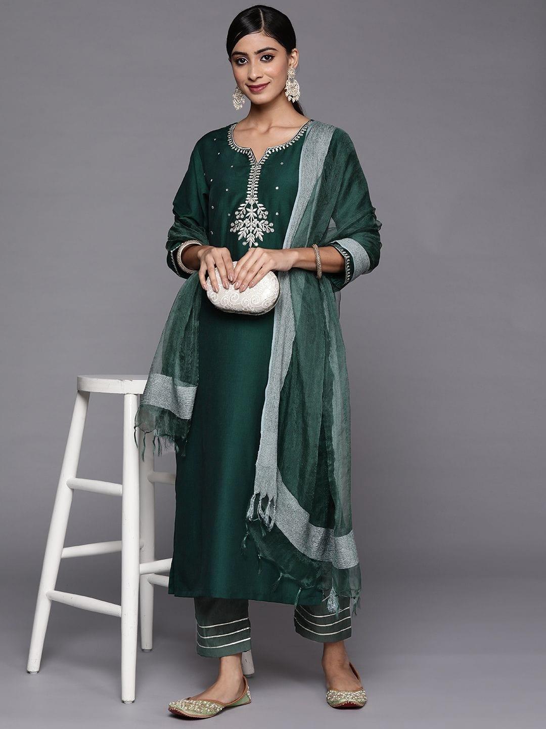 Varanga green embroidered kurta with contrast bottom and dupatta - Indiakreations