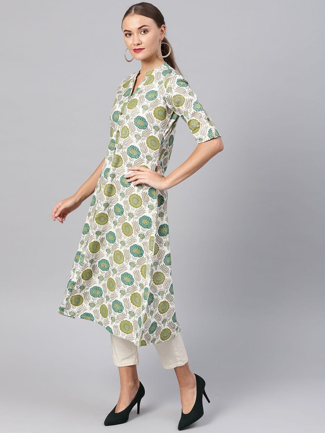 Women Off-White & Green Printed A-Line Kurta - Indiakreations