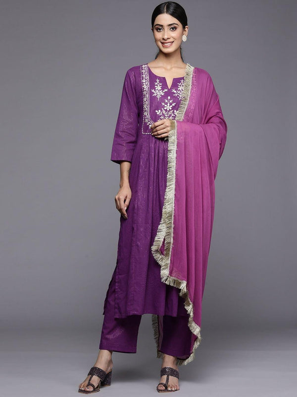 Varanga Purple Gota Embroidered Kurta Paired With Tonal Bottom And Dupatta - Indiakreations