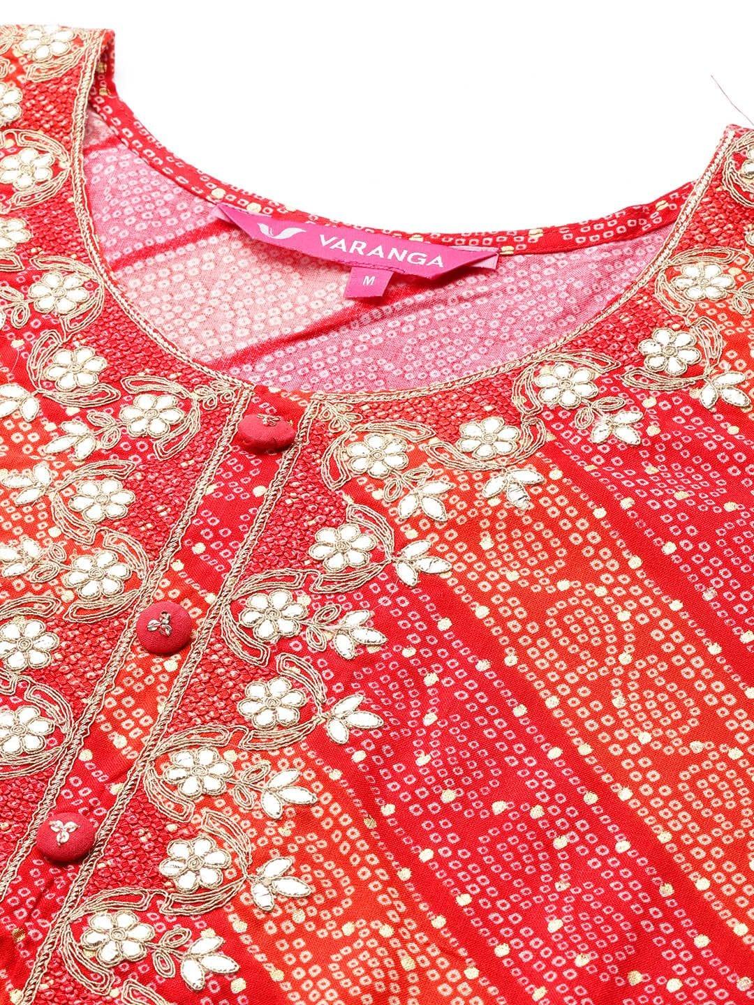 red and orange bandhani printed kurta with embroidered yoke - Indiakreations