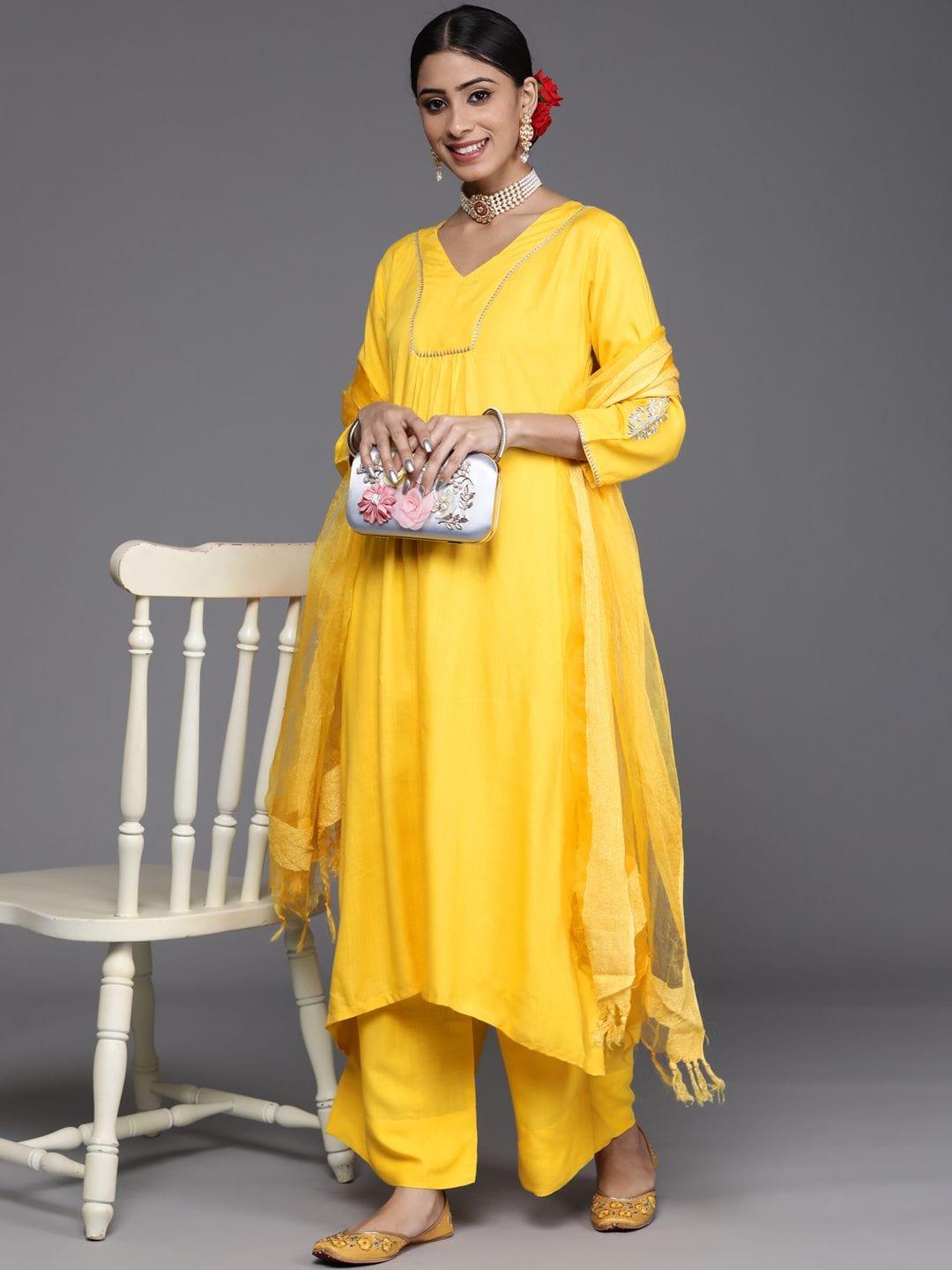 Varanga Women Yellow Solid Kurti with Palazzos & Dupatta - Indiakreations