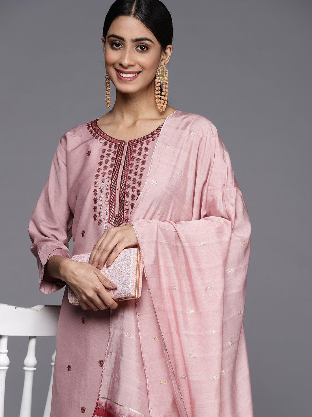 Varanga Women Pink Ethnic Motifs Embroidered Sequinned Kurta with Trousers & With Dupatta - Indiakreations