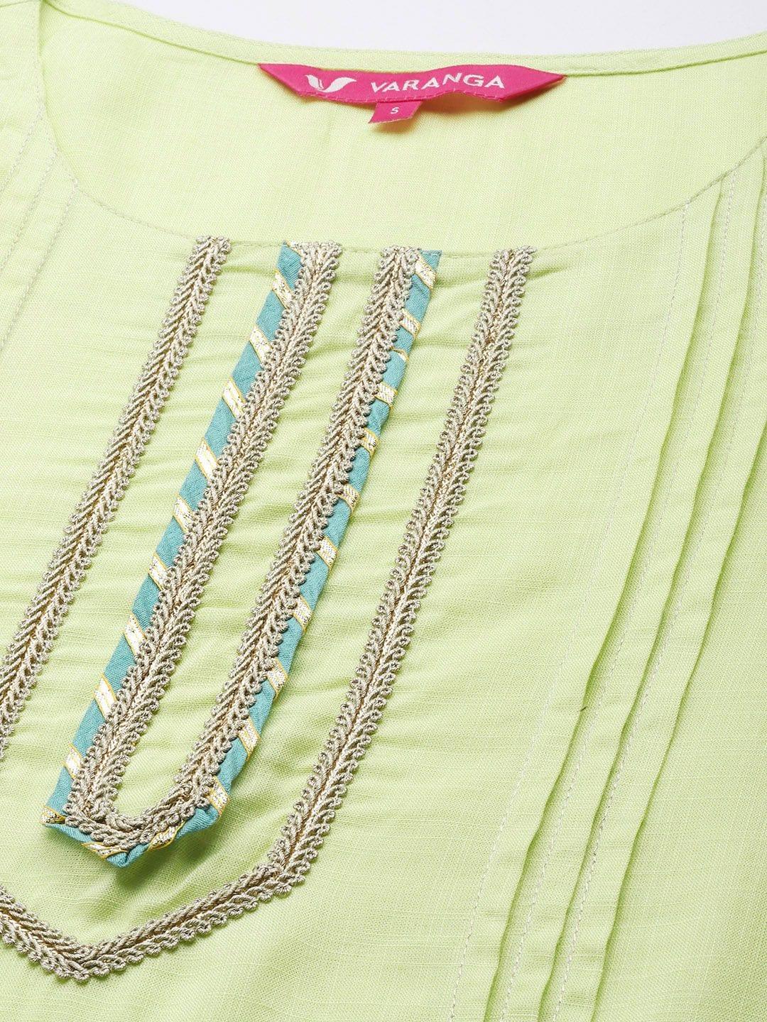 Varanga green kurta with lace embellishment paired with straight pant and dupatta - Indiakreations