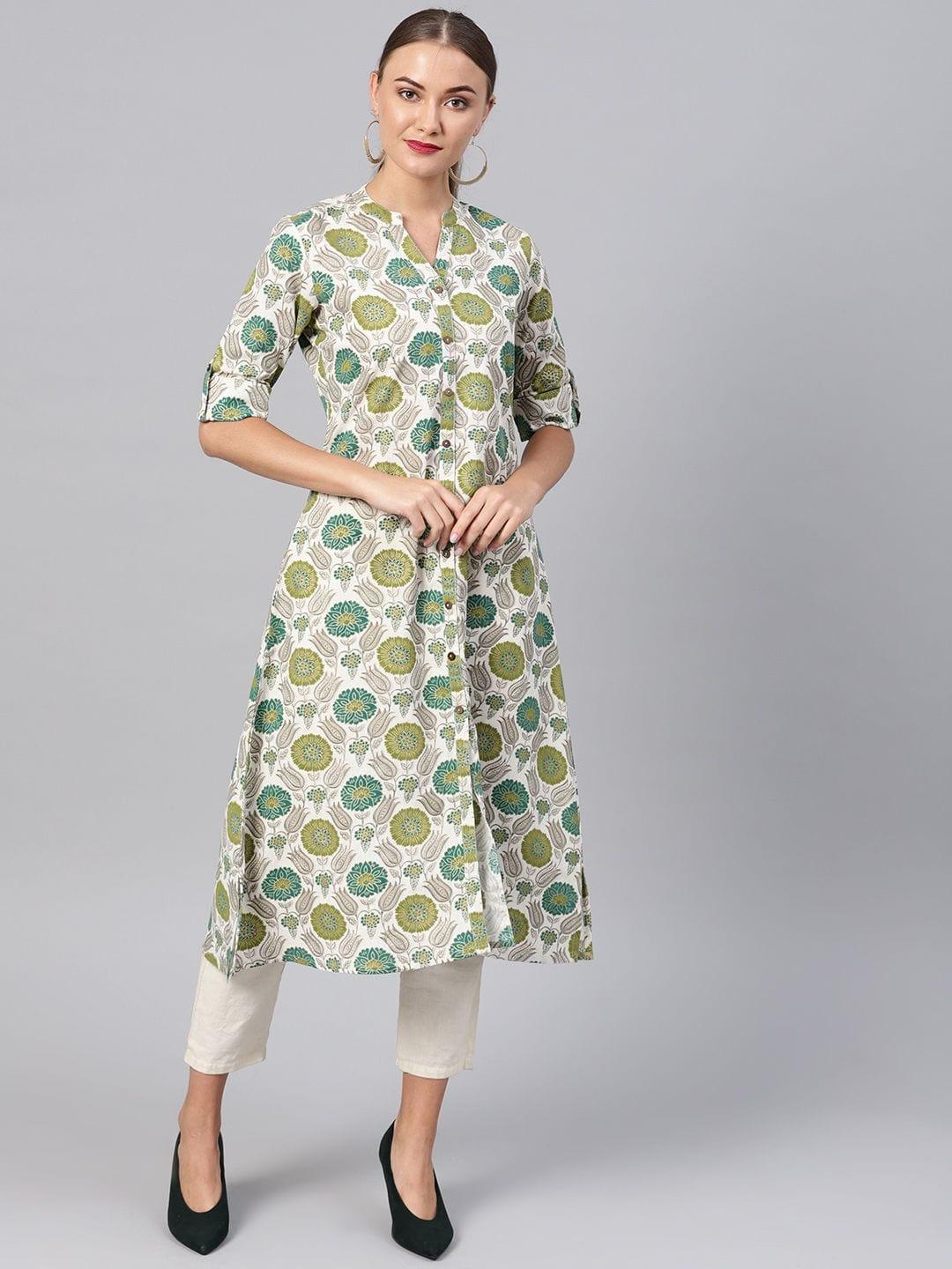 Women Off-White & Green Printed A-Line Kurta - Indiakreations