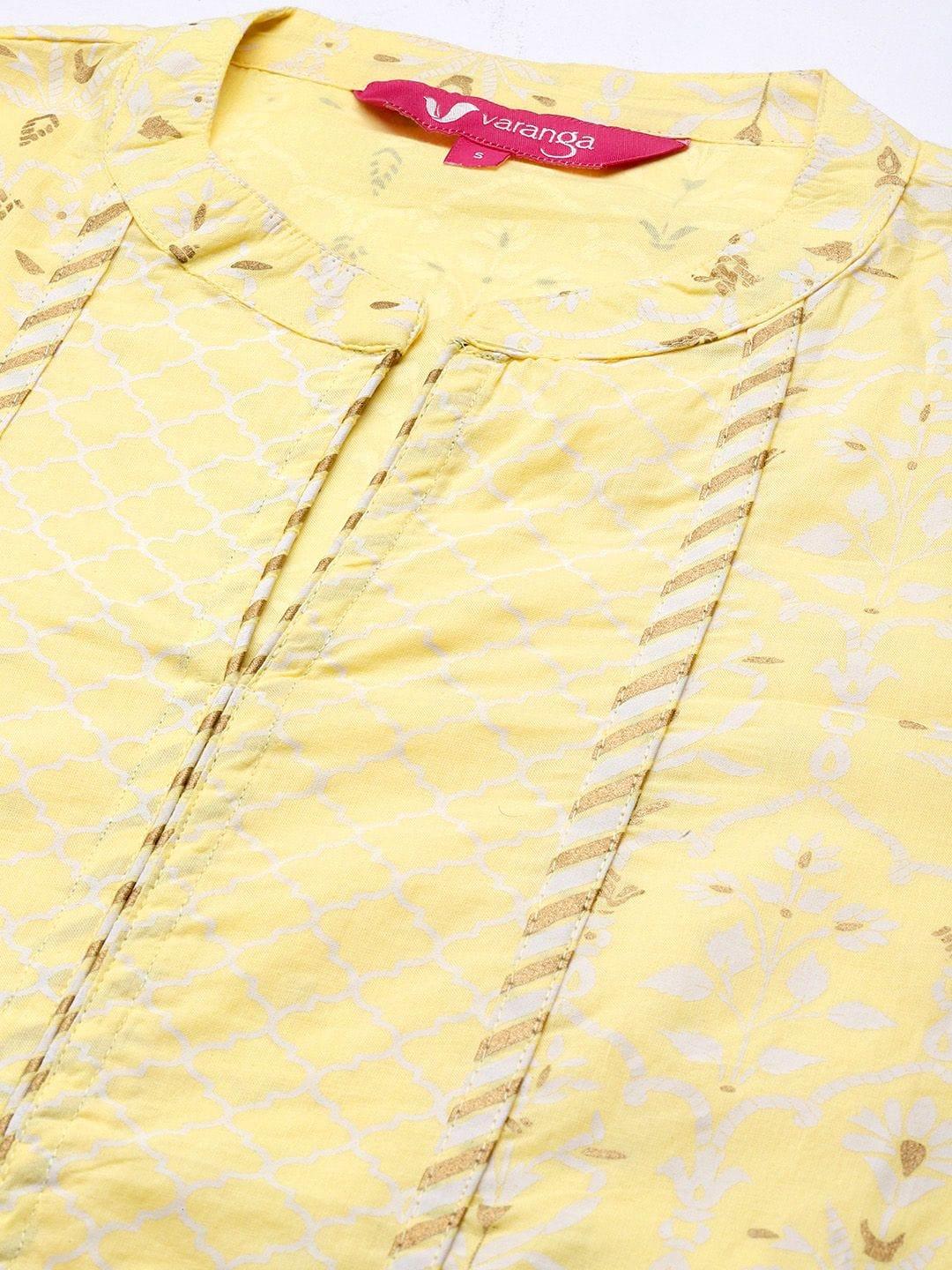 Varanga yellow printed kurta paired with straight printed bottom and contrast dupatta - Indiakreations