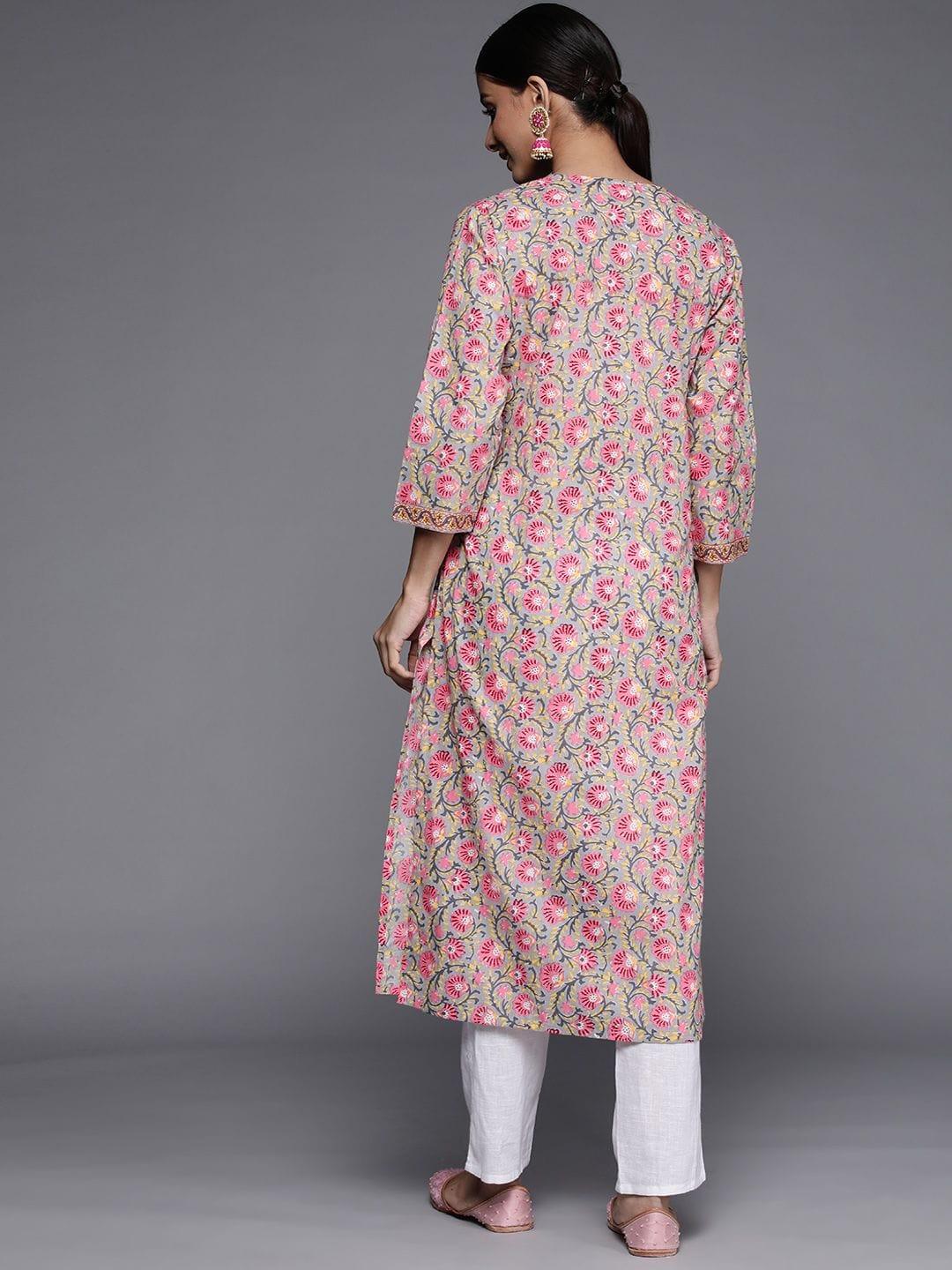 Women Taupe & Pink Cotton Floral Print Kurta - Indiakreations