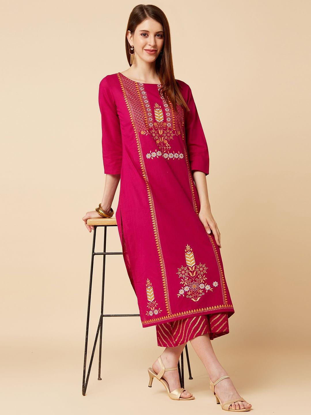 Varanga Women Magenta & Beige Printed Kurta with Palazzos - Indiakreations