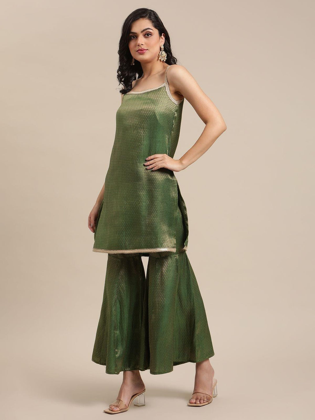 Varanga Green Brocade Kurta With Sharara And Paired With Beige Georgette Dupatta - Indiakreations