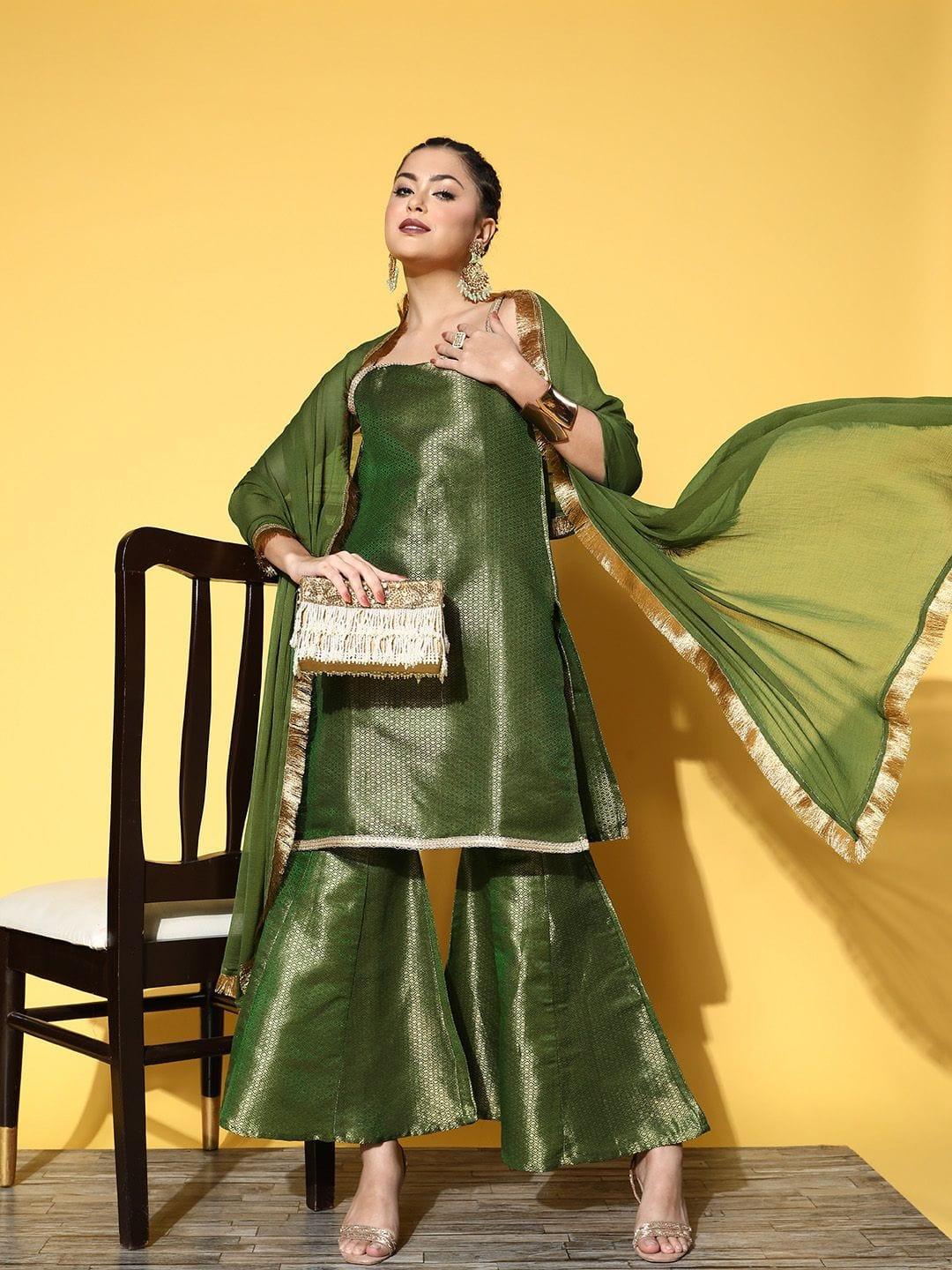 Varanga Women Green Geometric Woven Design Kurta with Sharara & Dupatta - Indiakreations