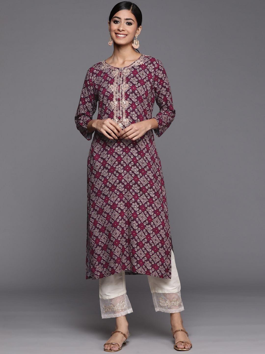 voilet bandhani printed kurta with embroidred yoke - Indiakreations