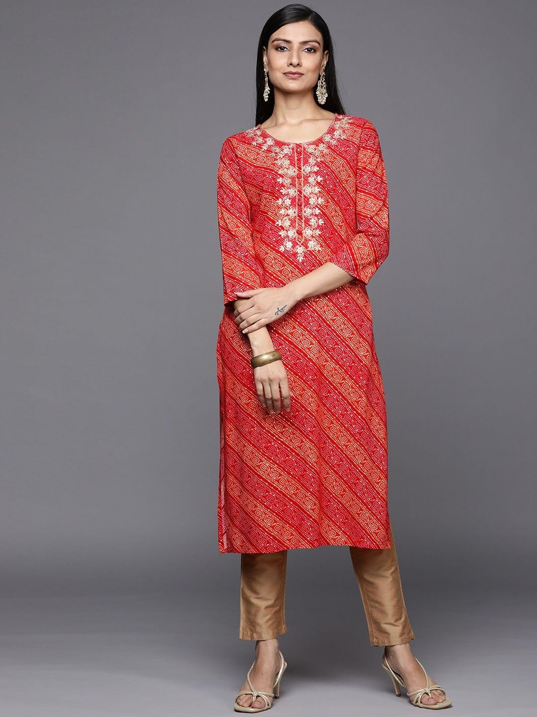 red and orange bandhani printed kurta with embroidered yoke - Indiakreations