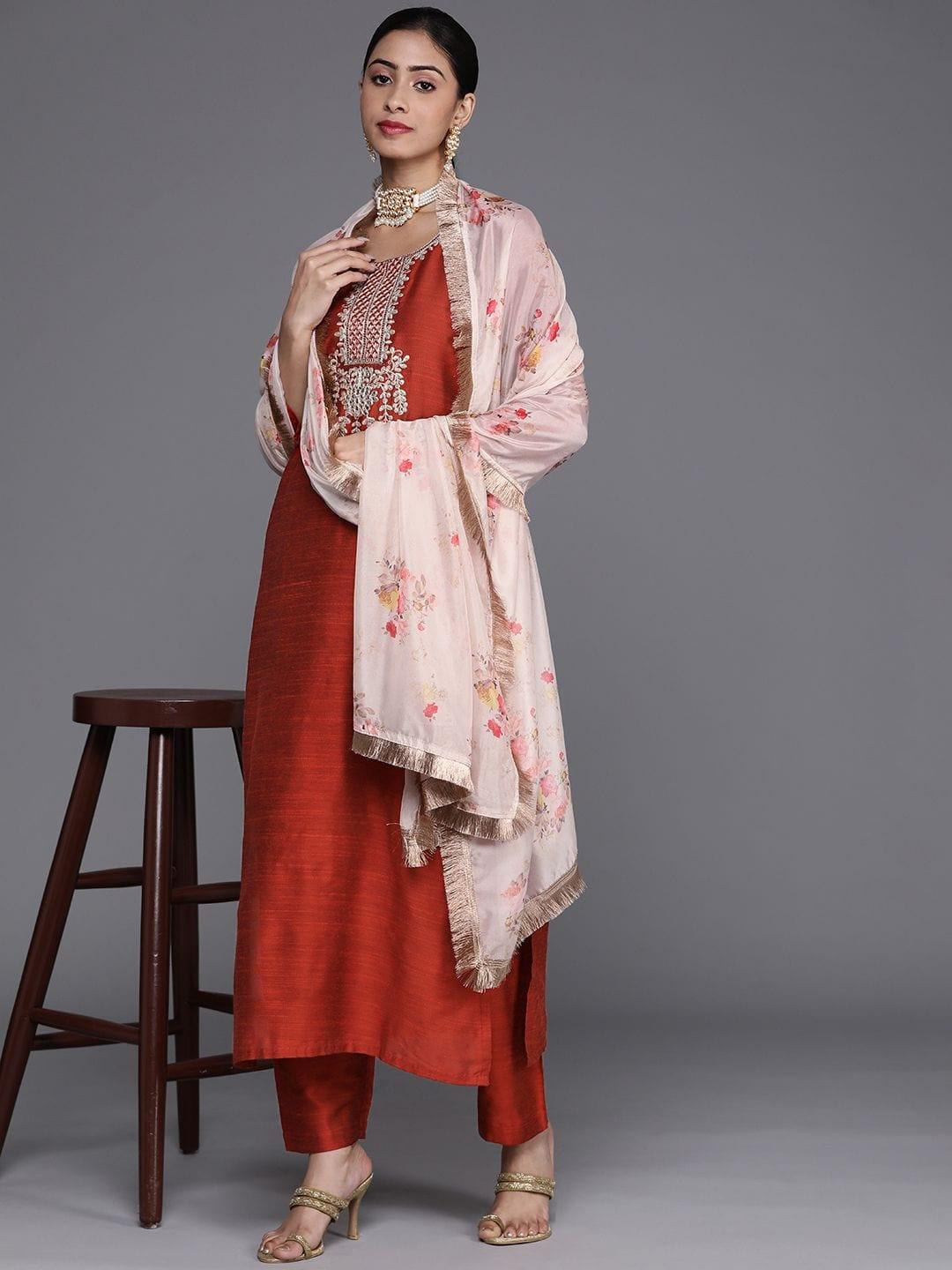 Varanga women embroidered kurta paired with pant and printed dupatta with zari fringes - Indiakreations