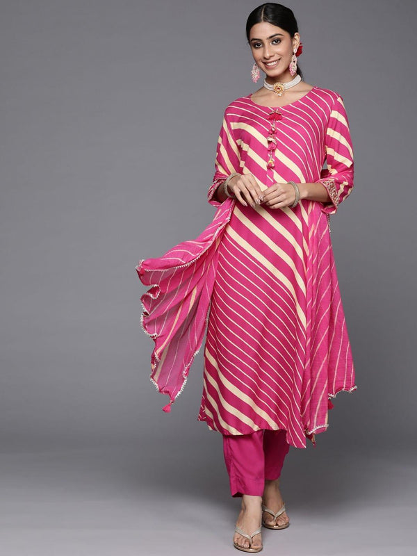 Varanga fuchsia leheriya print kurta with straight pant and leheriya chiffon dupatta - Indiakreations