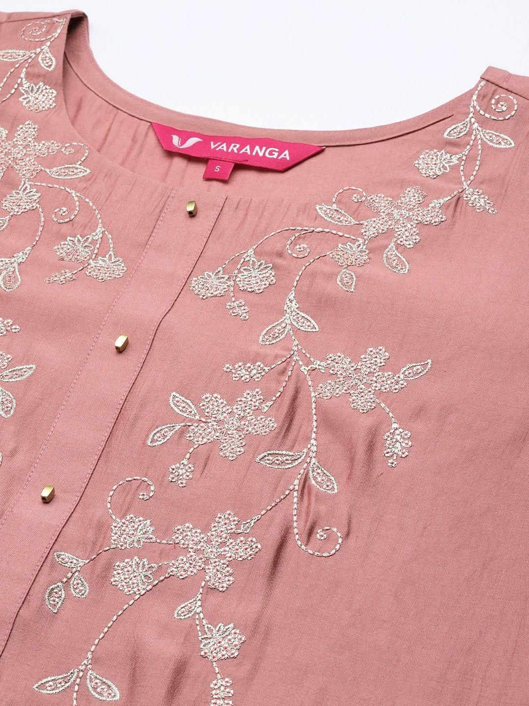 Varanga pink embroidered kurta paired straight tonal bottom and dupatta - Indiakreations