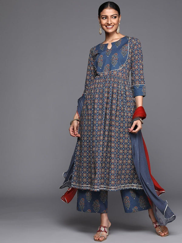 Varanga blue and rust yoke style anarkali paired with printed palazzo and ombre dupatta - Indiakreations