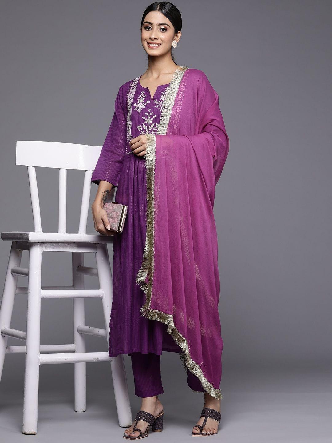 Varanga Purple Gota Embroidered Kurta Paired With Tonal Bottom And Dupatta - Indiakreations