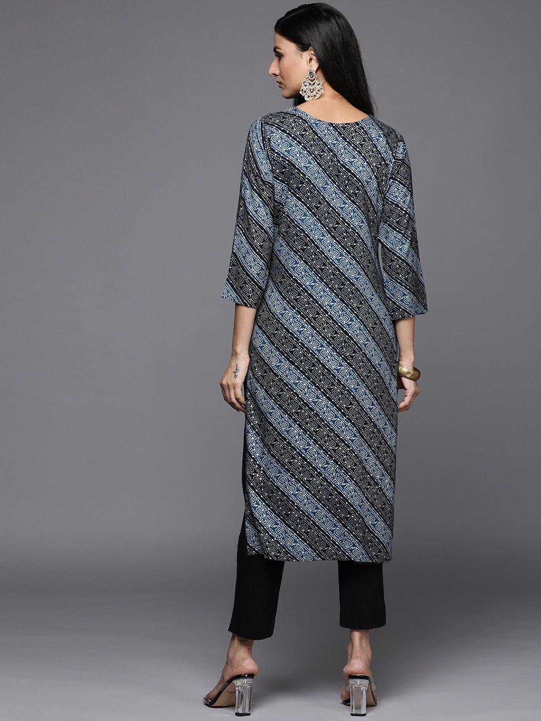 Blue bandhani printed kurta with embroidered yoke - Indiakreations