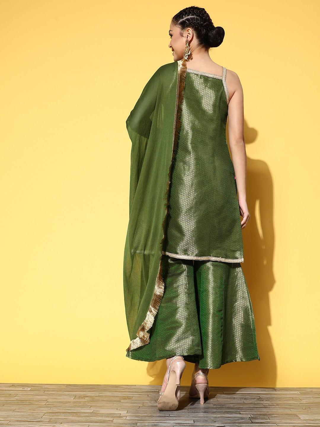 Varanga Women Green Geometric Woven Design Kurta with Sharara & Dupatta - Indiakreations