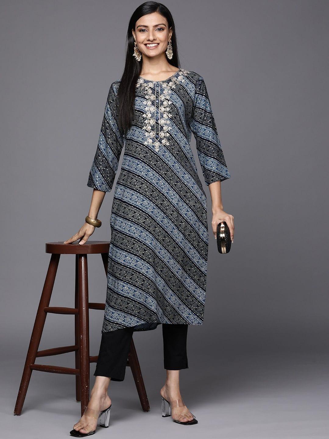 Blue bandhani printed kurta with embroidered yoke - Indiakreations