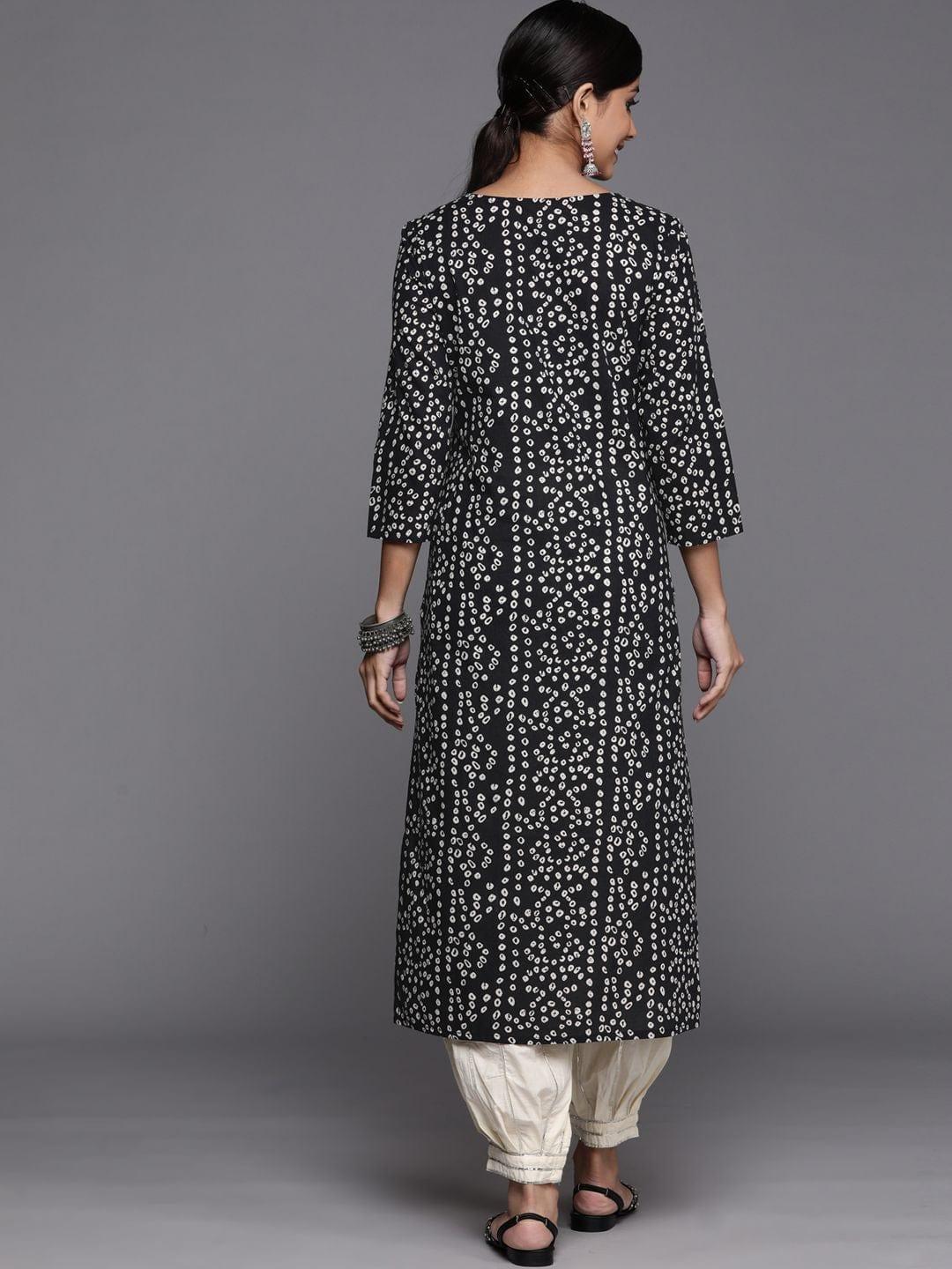 Black printed cotton kurta wity embroidered yoke - Indiakreations