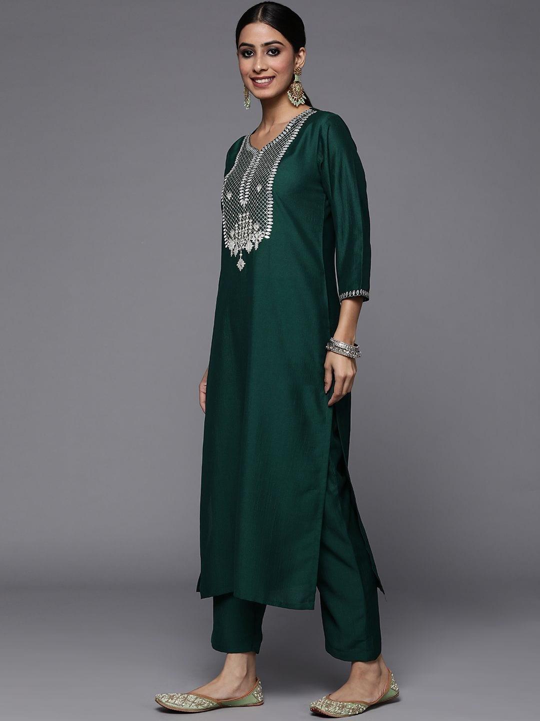 Varanga Green Embroidered Kurta Paired With Tonal Trouser And Dupatta - Indiakreations